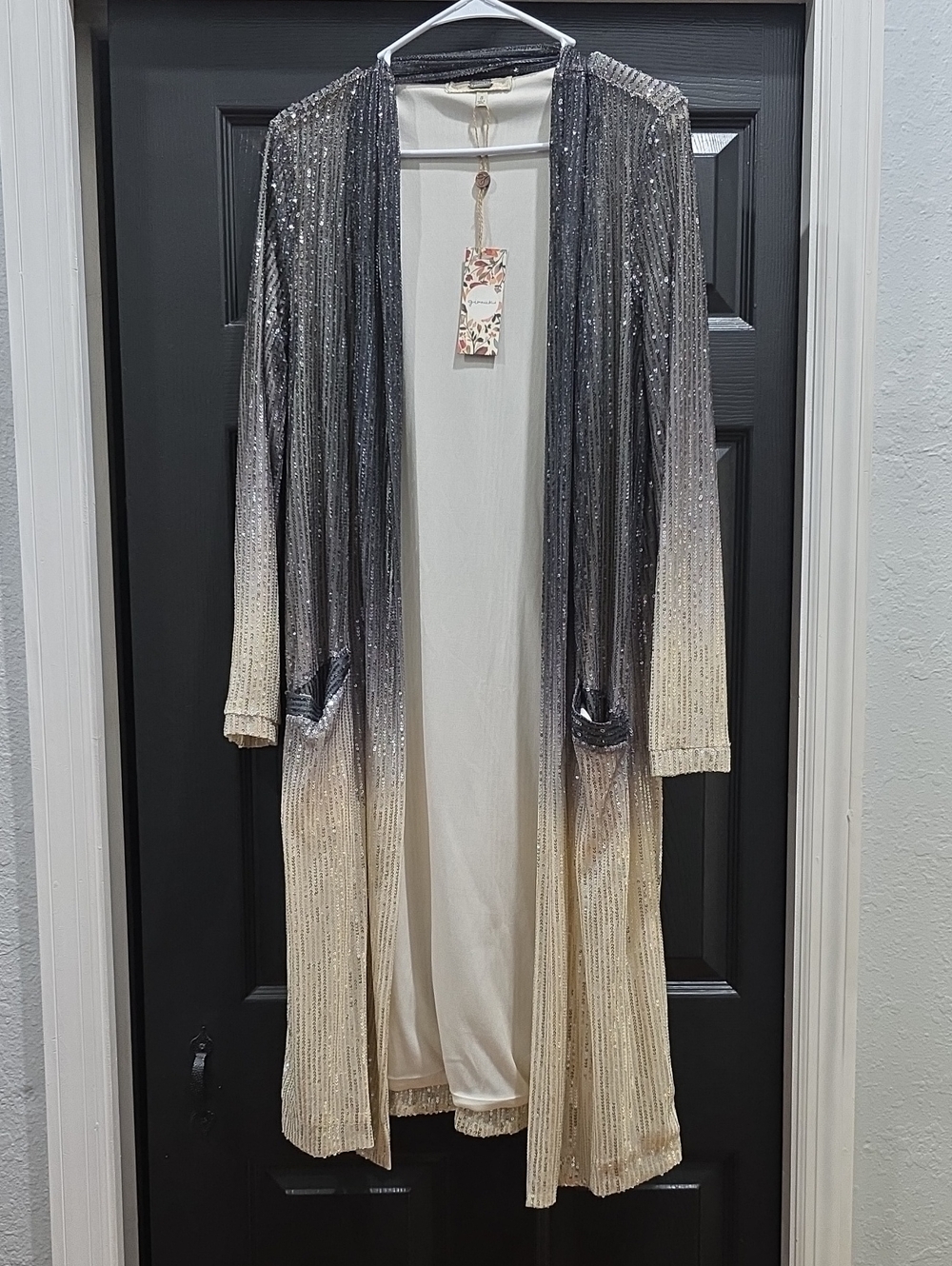 gimmicks by BKE Ombre Silver to Cream Sequin Duster Cardigan
